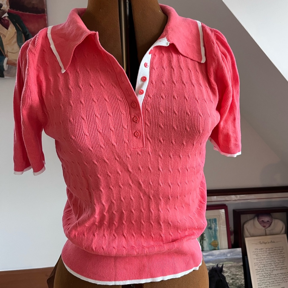 Colour Works Coral Pink cable knit short sleeve polo top